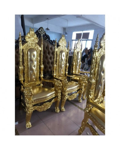 Trône tête de lion doré et simili cuir doré H