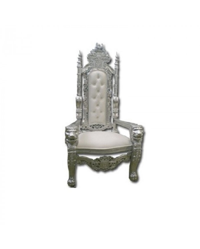 Trône modèle Lion argent et simili cuir blanc
