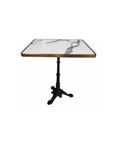 Table de bistrot carrée en fonte plateau en marbre cerclé laiton