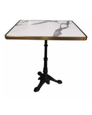 Table de bistrot carrée en fonte plateau en marbre cerclé laiton
