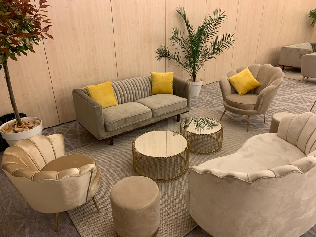 zone d'acceuil avec table basse fauteuil et canapé assorti