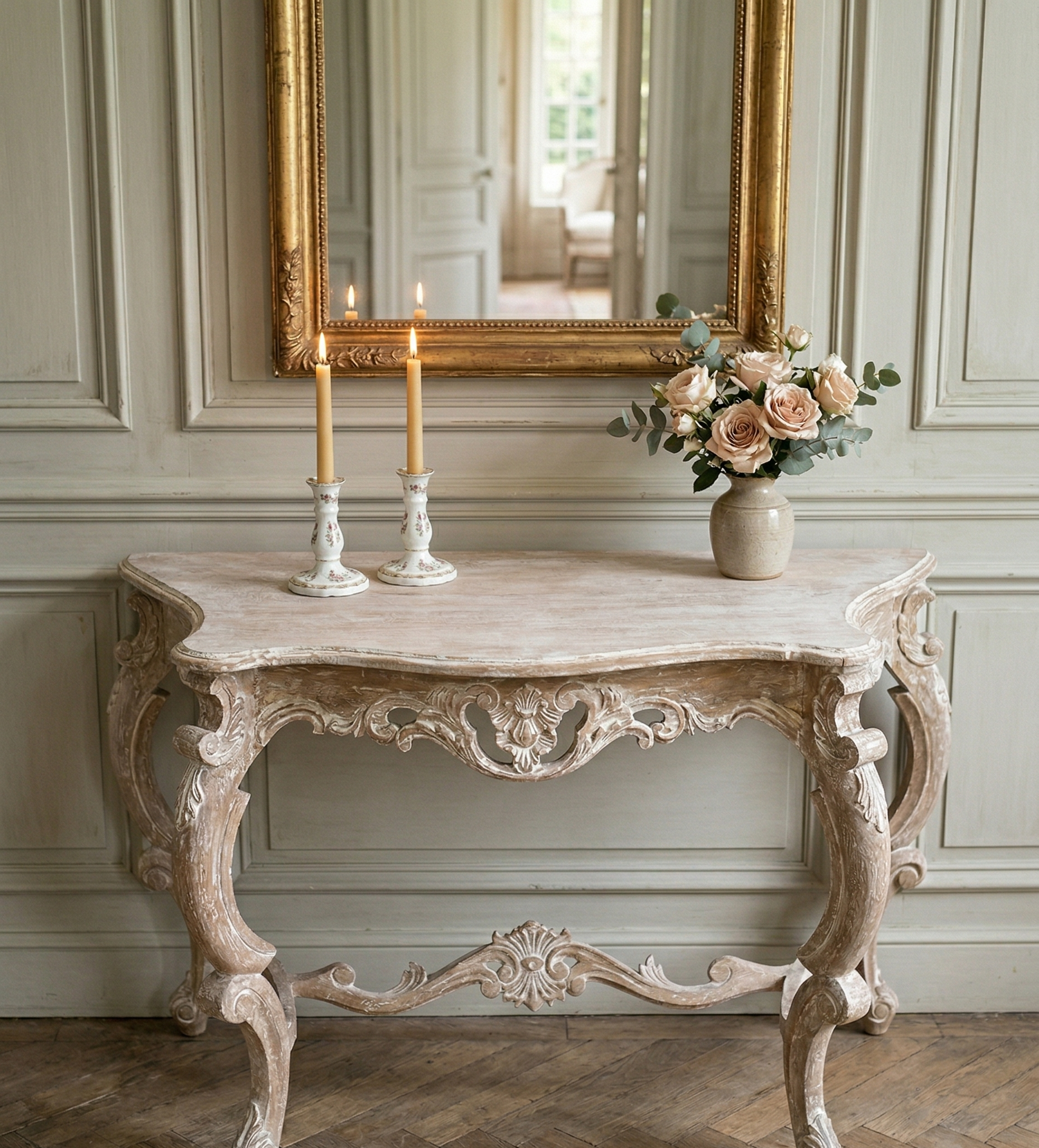 console cérusé dans un piece avec miroir