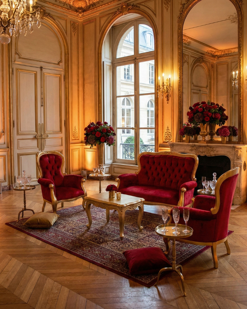 salon avec mobilier baroque rouge et bois cahise canapé et table basse 