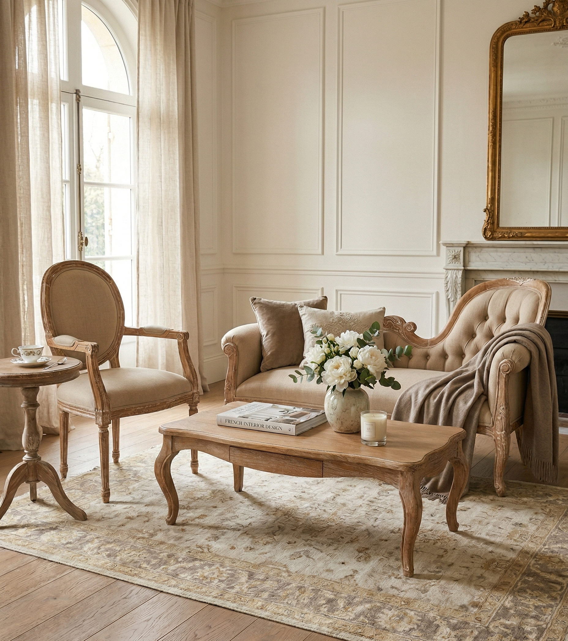 pack mobilier cérusé dans un salon avec canapé table basse chaise