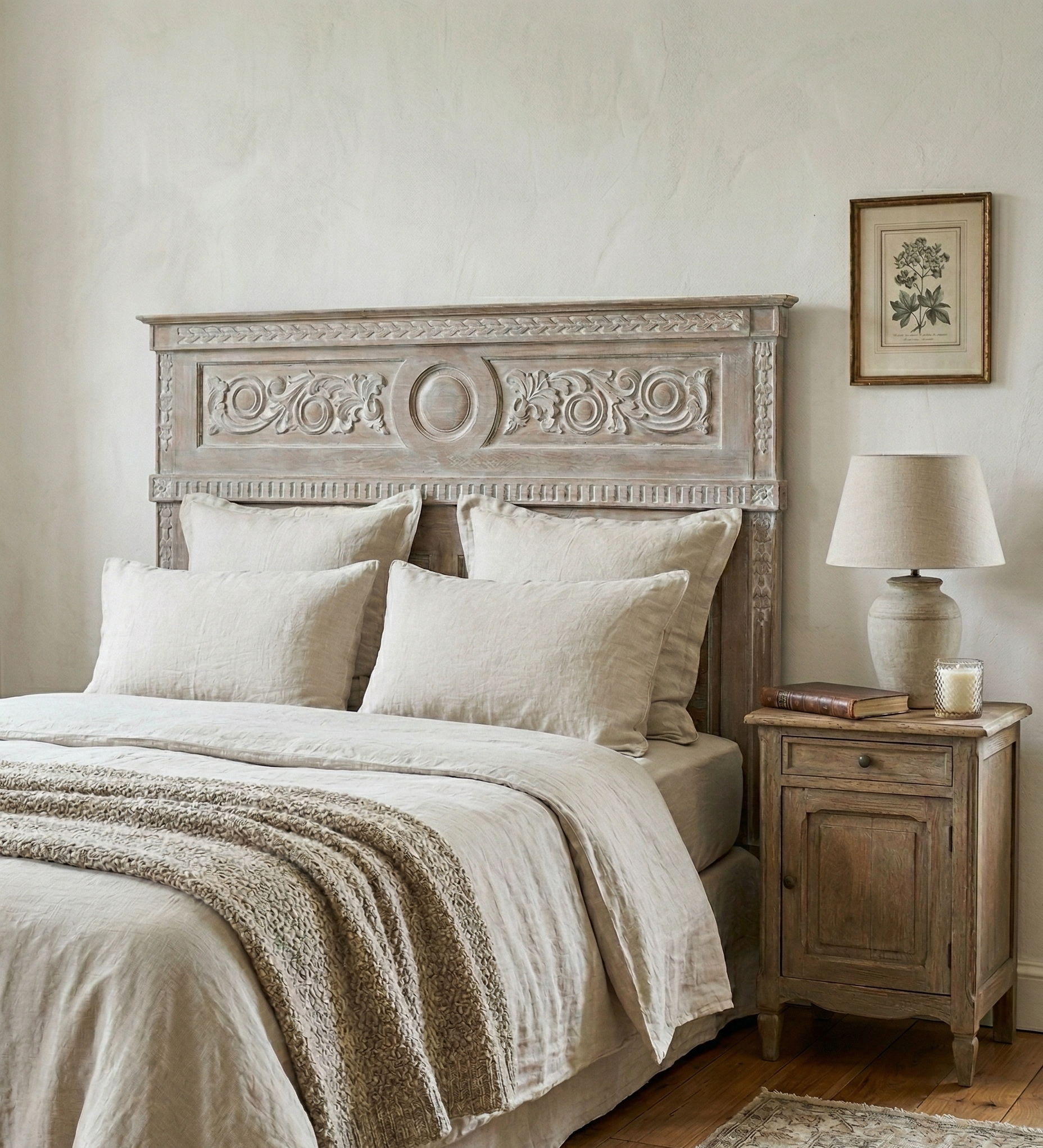 lit table basse avec tête de lit cérusé