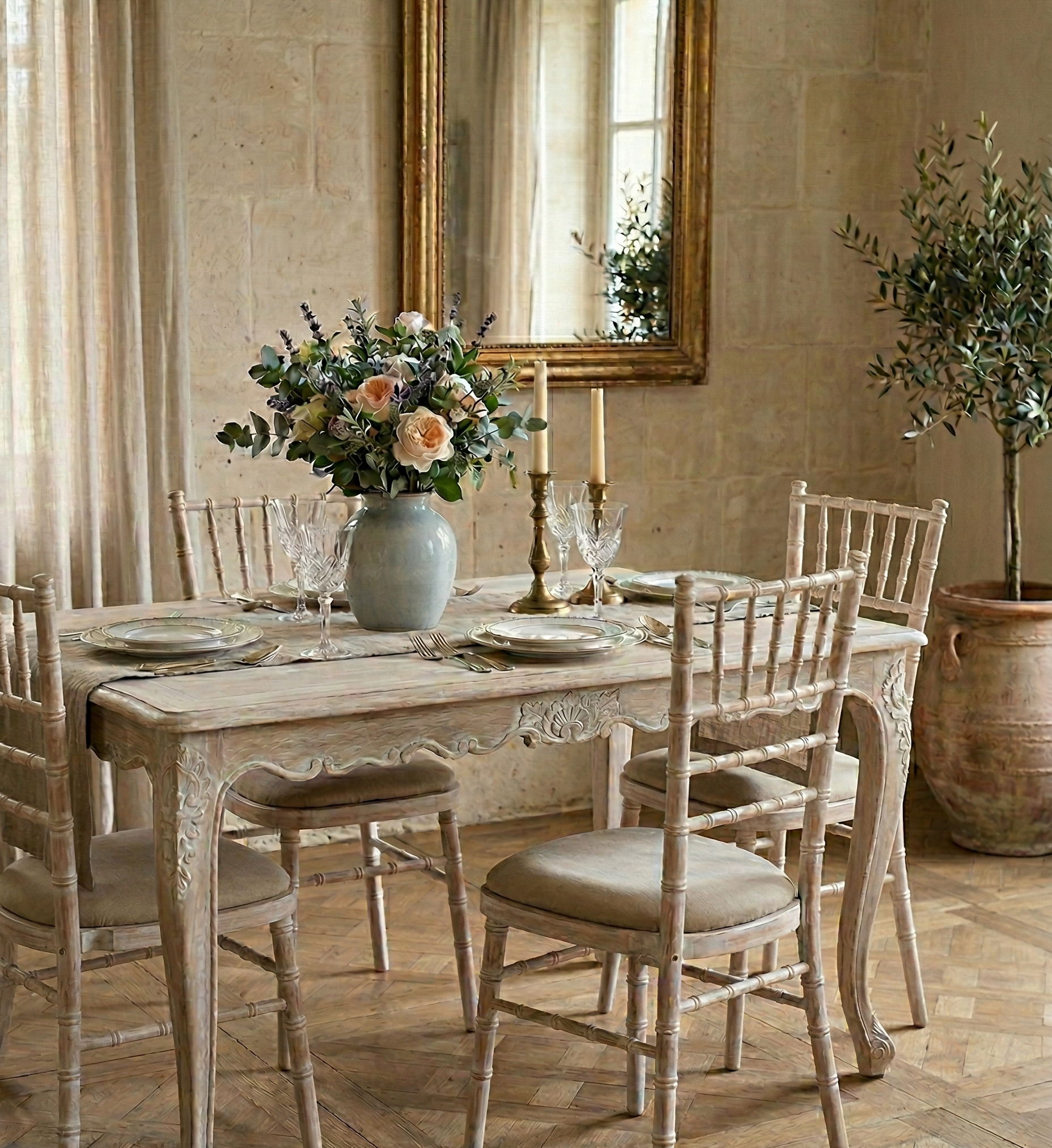 table a manger avec mobilier cérusé chaise et table 